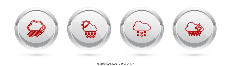 Fija la línea Nube con lluvia y relámpagos, nieve, sol y . Botón círculo plateado. Vector