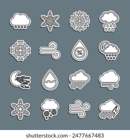 Set line Cloud with rain and lightning, Windy weather, snow moon, Snowflake,  and Water drop percentage icon. Vector