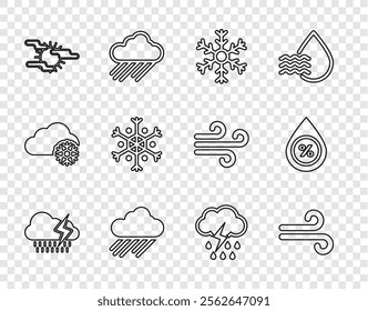 Set line Cloud with rain and lightning, Wind, Snowflake, Fog sun,  and Water drop percentage icon. Vector