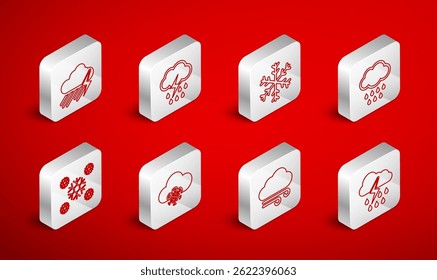 Set line Cloud with rain and lightning, Snowflake, Windy weather, snow and  icon. Vector