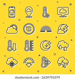 Set line Cloud with rain and lightning, moon, Meteorology thermometer, Celsius, Sun cloud weather, Weather forecast and Rainbow icon. Vector