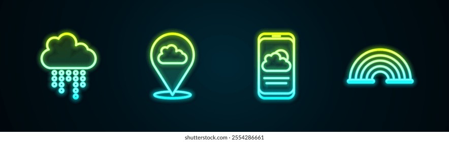 Set line Cloud with rain, Location cloud, Weather forecast and Rainbow. Glowing neon icon. Vector