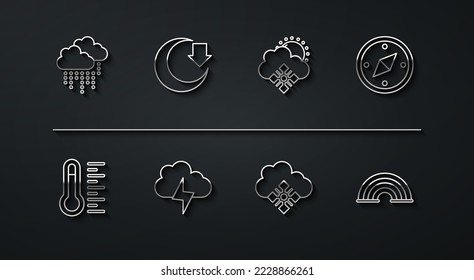 Fijar la línea Nube con lluvia, termómetro de meteorología, brújula, nieve, tormenta, luna, arcoiris e icono del sol. Vector