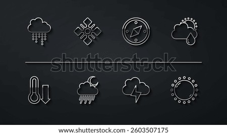 Set line Cloud with rain, Meteorology thermometer, and sun, Storm, moon, Snowflake, Sun and Compass icon. Vector