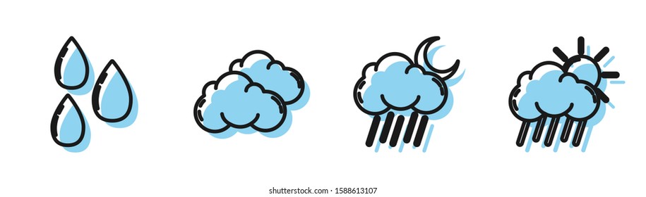 Set line Cloud with rain and moon, Water drop, Cloud and Cloud with rain and sun icon. Vector