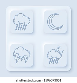 Set line Cloud with rain, Moon and stars, Storm and Cloud with rain and moon. White square button. Vector