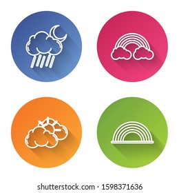 Set line Cloud with rain and moon, Rainbow with clouds, Sun and cloud weather and Rainbow with clouds. Color circle button. Vector