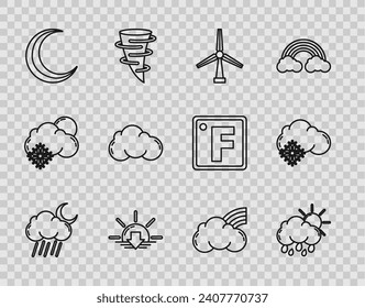 Set line Cloud with rain and moon, sun, Wind turbine, Sunset, Moon stars, Rainbow clouds and snow icon. Vector