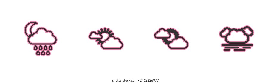 Set line Cloud with rain and moon, Sun cloud weather,  and  icon. Vector