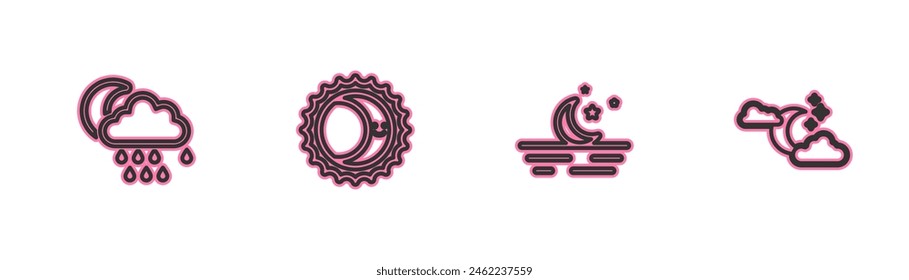 Set line Cloud with rain and moon, Moon stars, Eclipse of the sun and  icon. Vector