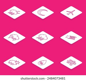 Set line Wolke mit Regen und Mond, Mondsterne, Windturbine, Sturm, Falling, Sonne und Wasser Tropfen Prozentsatz-Symbol. Vektorgrafik