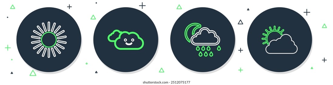 Set line Cloud, with rain and moon, Sun and cloud weather icon. Vector