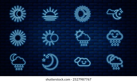 Fije la línea Nube con la lluvia y la luna, el eclipse del sol, el sol, y el icono de la puesta del sol. Vector