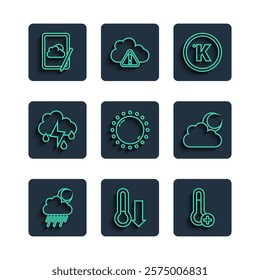 Set line Cloud with rain and moon, Meteorology thermometer, Kelvin, Sun, lightning, Weather forecast and  icon. Vector