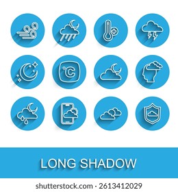 Set line Cloud with rain and moon, Weather forecast, Windy weather, Sun cloud, Celsius, Man having headache and  icon. Vector
