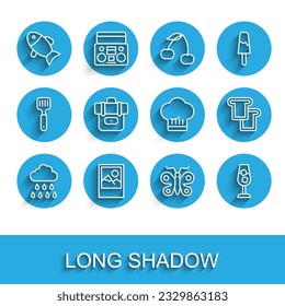Set line Cloud with rain, Photo frame, Fish, Butterfly, Wine glass, Hiking backpack, Bread toast and Chef hat icon. Vector