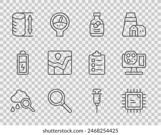 Set line Cloud with rain, Processor CPU, Medicine bottle and pills, Magnifying glass, Height geometrical figure, Graph chart infographic, Syringe and Genetic engineering icon. Vector