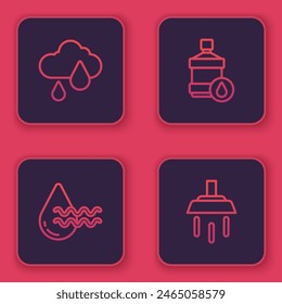 Set line Cloud with rain, Recycle clean aqua, Big bottle water and Shower. Blue square button. Vector