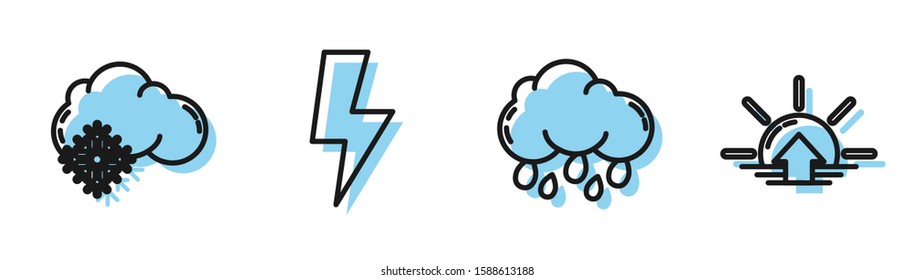 Set line Cloud with rain, Cloud with snow, Lightning bolt and Sunrise icon. Vector