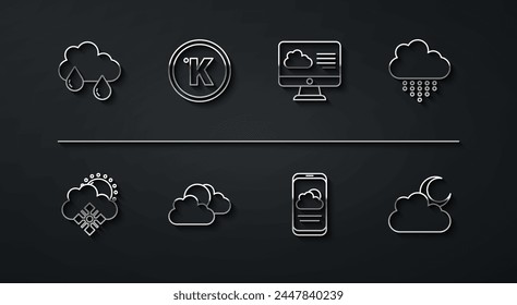 Set line Cloud with rain, snow and sun, Weather forecast, Sun cloud weather, Kelvin, moon and  icon. Vector