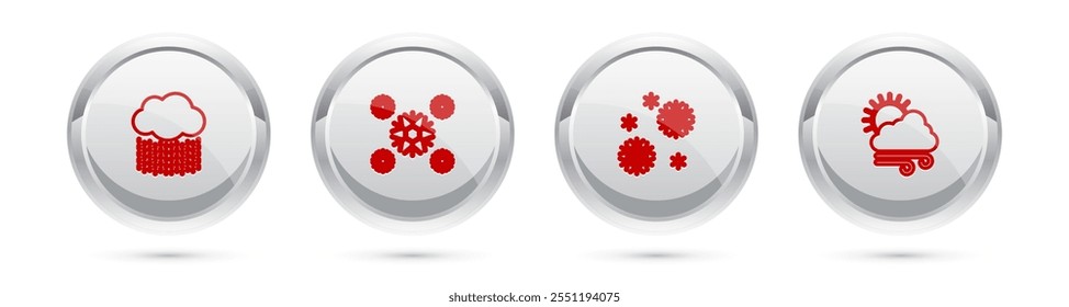 Set line Cloud with rain, Snow,  and Windy weather. Silver circle button. Vector