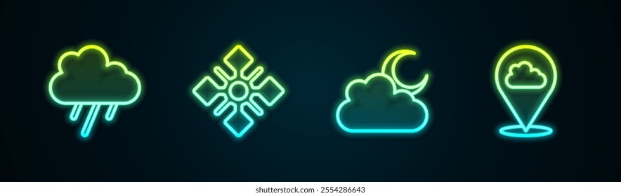 Set line Cloud with rain, Snowflake, moon and Location cloud. Glowing neon icon. Vector