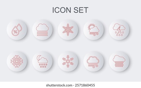 Set line Cloud with rain, Snowflake, Windy weather, Water drop percentage, Fog and cloud, snow moon and  icon. Vector