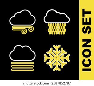 Set line Cloud with rain, Snowflake, Fog and cloud and Windy weather icon. Vector