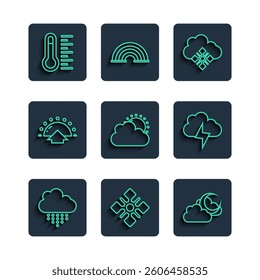 Set line Cloud with rain, Snowflake, moon, snow, Sun and cloud weather, Sunrise, Meteorology thermometer and Storm icon. Vector
