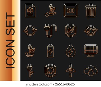 Definir a linha Nuvem com chuva, Painel de energia solar, Reciclar água limpa, Tomada elétrica, plugue, Atualizar, Reciclagem de papel e Ícone de folha de escudo. Vetor