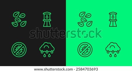 Set line Cloud with rain, Stop colorado beetle, Seeds of specific plant and Water tower icon. Vector