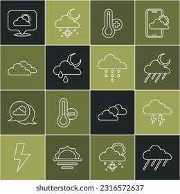 Establecer la nube de línea con lluvia, tormenta y luna, termómetro de meteorología, nube de ubicación e icono. Vector