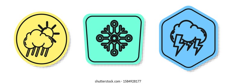 Set line Cloud with rain and sun, Snowflake and Storm. Colored shapes. Vector