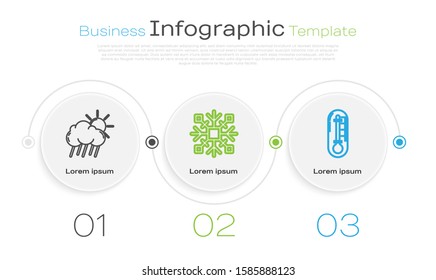 Set line Cloud with rain and sun, Snowflake and Thermometer. Business infographic template. Vector