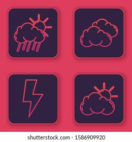 Set line Cloud with rain and sun, Lightning bolt, Cloud and Sun and cloud weather. Blue square button. Vector