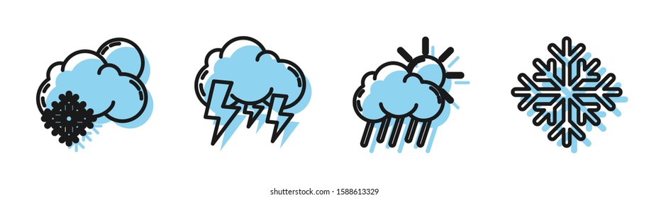 Set line Cloud with rain and sun, Cloud with snow and sun, Storm and Snowflake icon. Vector