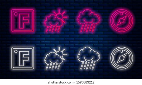 Set line Cloud with rain and sun, Cloud with rain, Fahrenheit and Wind rose. Glowing neon icon on brick wall. Vector