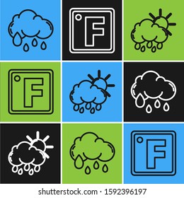Set line Cloud with rain, Cloud with rain and sun and Fahrenheit icon. Vector