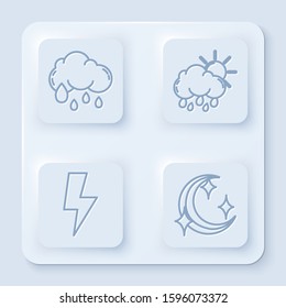 Set line Cloud with rain, Cloud with rain and sun, Lightning bolt and Moon and stars. White square button. Vector