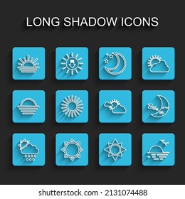 Stell die Wolke mit Regen und Sonne, Sonne, Sonnenuntergang, Mondsymbol und Wolke Wettersymbol. Vektorgrafik
