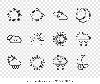Set line Cloud with rain and sun, Sleeping moon, Sun cloud weather, stars,  and  icon. Vector