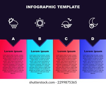 Set line Cloud with rain and sun, Sun, Sunset and Sleeping moon. Business infographic template. Vector