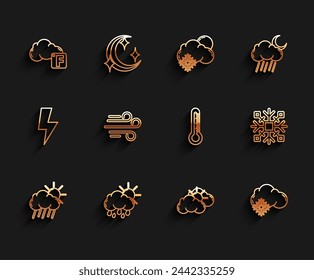 Set line Cloud with rain and sun, Fahrenheit cloud, Sun weather, snow, Wind, Snowflake and Thermometer icon. Vector