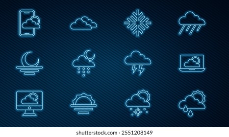 Set line Cloud with rain and sun, Weather forecast, Snowflake, moon, Sunset, Storm and  icon. Vector