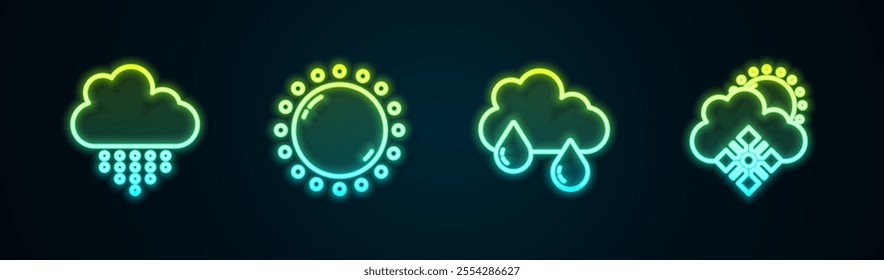 Set line Cloud with rain, Sun,  and snow and sun. Glowing neon icon. Vector
