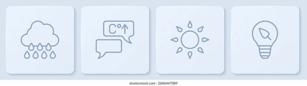 Set line Cloud with rain, Sun, Global warming and Light bulb leaf. White square button. Vector