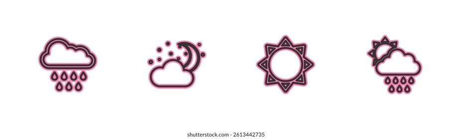 Set line Cloud with rain, Sun, moon and stars and sun icon. Vector