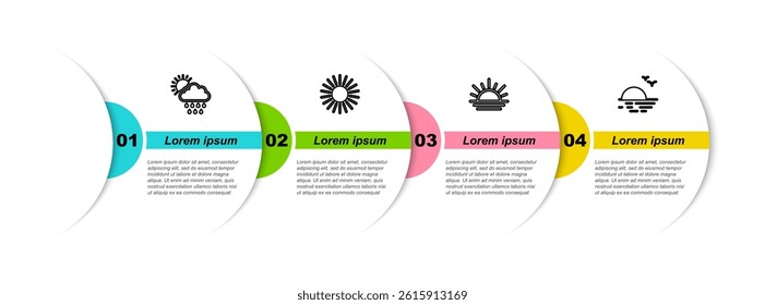 Set line Cloud with rain and sun, Sun, Sunset and . Business infographic template. Vector