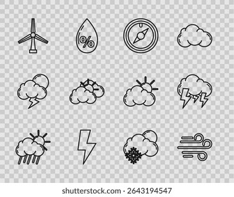 Set line Cloud with rain and sun, Wind, rose, Lightning bolt, turbine, Sun cloud weather, snow and Storm icon. Vector