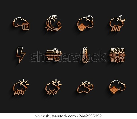 Set line Cloud with rain and sun, Fahrenheit cloud, Sun weather, snow, Wind, Snowflake and Thermometer icon. Vector